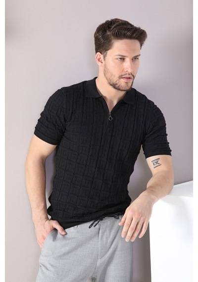 Ferraro Siyah Polo Yaka Fermuarlı Erkek Pamuk Triko T-Shirt-Siyah (417942274) Siyah