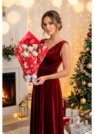 Premium Özel Yeniyıl - Yılbaşı Konsepti Romantik Kırmızı - Beyaz Peluş Ayıcık Buketi-sevdiklerinize Özel...