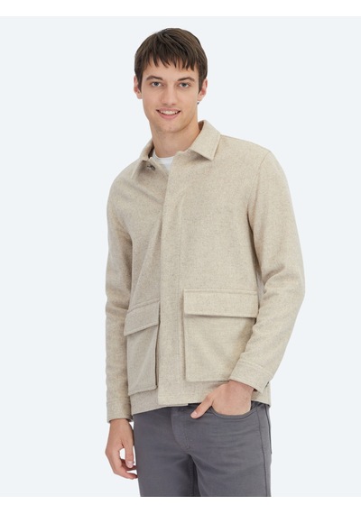 Kip Bej Oversize Fit Uzun Dokuma Yün Karışımlı Overshirt