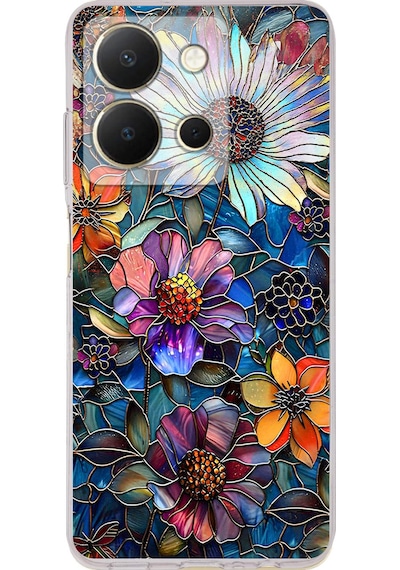Printify Vivo Y36 İle Uyumlu Vitray Mücevher Flora Tasarımlı Şeffaf Silikon Kılıf Şeffaf