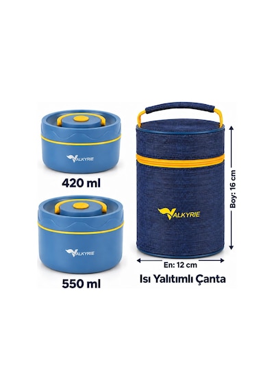 Valkyrie 2 Katlı Taraftar 304 Paslanmaz Çelik Yemek Termosu 420+550 Ml Isı Yalıtımlı Çantalı Lacivert