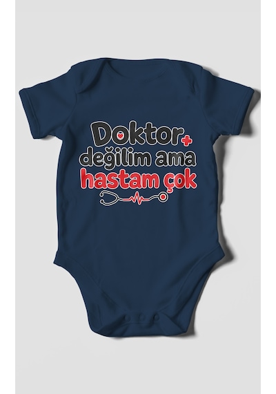 Morivokids Doktor Değilim Ama Hastam Çok Kısa Kollu Bebek Body %100 Pamuk Lacivert