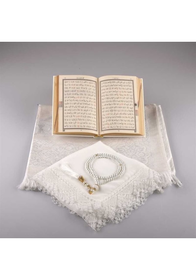 Şal + Seccade + Tesbih + Kuran Hediye Seti (Çanta Boy. Beyaz) N11.3746