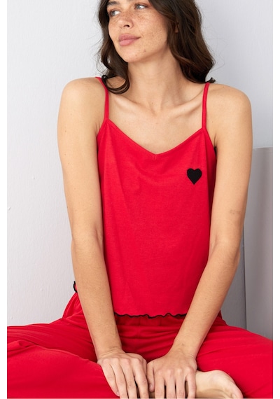 Siyah İnci İp Askılı Örme Pijama Takım 7883 Kırmızı