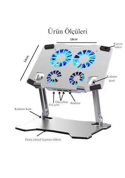 X16 Alüminyum Katlanabilir Laptop Soğutucu Stand 4 Fanlı Led Işıklı Ergonomik Tasarım Soğutucu Stand