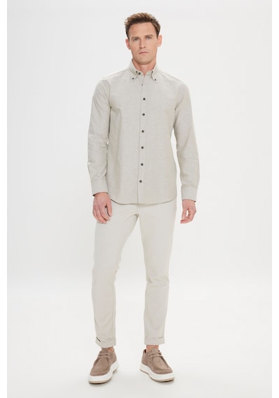 Erkek Hakı Slim Fit Dar Kesim Düğmeli Yaka Pamuklu Oxford Gömlek Haki