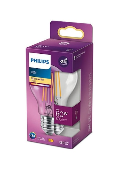 Philips LED Classic Şeffaf Filament Ampul 7W 806 Lumen 2700K Sarı Işık A60 E27 Duy (60W Eşleniği)