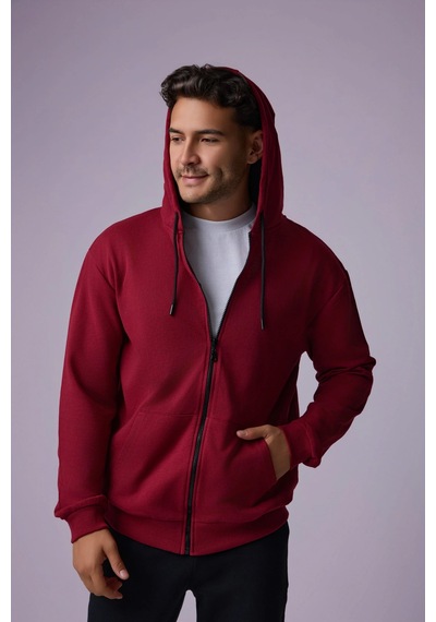 Defys Defy S Erkek Oversize Kapüşonlu Fermuarlı Cepli Sweatshirt Bordo - 527577758 Bordo