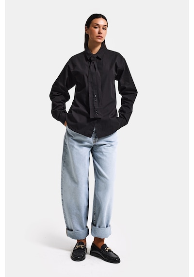 Itsbasic Kadın Siyah Oversize Kravat Detaylı Özel Tasarım Bol Kesim Gömlek