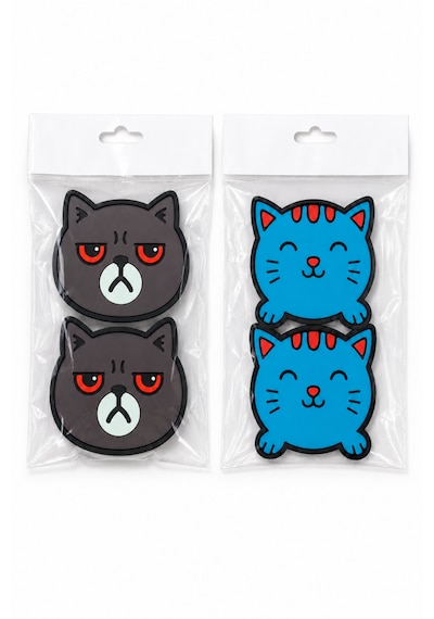 Kemboss Gri Kedi Ve Mavi Kedi Bardak Altlığı Seti 4'lü - Pvc Kaydırmaz Bardak Altlığı 2 Gri Kedi + 2 Mavi Kedi Çok Renkli