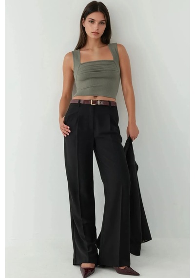 Hiccup Drape Kare Yaka Bluz Haki Yeşil