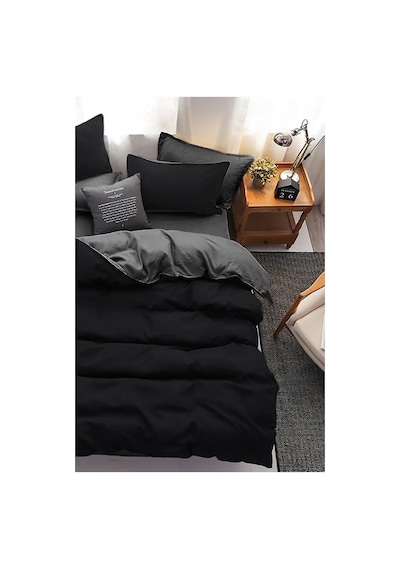 Mulberry Dubbelsid Çift Taraflı Nevresim Takımı Çarşafı Lastikli 200x220 Siyah-gri Siyah