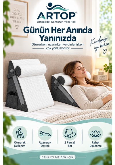 Çok Amaçlı Sırt Destek Yastığı Çıkarılabilir Boyun Yastıklı, Yan Cepli, Fermuarlı Kılıflı 2 Parça Üçgen Destek Minderi Beyaz