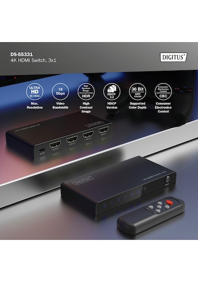 Digitus 3x1 Hdmı Switch, 4k/60hz Hdcp 2.2 Kumandalı Geçiş Kontrolü