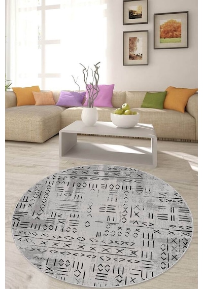 Gri Kaymaz Tabanlı Yuvarlak Etnik Mutfak Halısı Ar1377n11