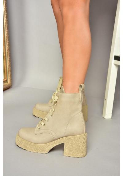 Fox Shoes T996533009 Bej Kalın Topuklu Kadın Bot Bej-suni Deri Bej