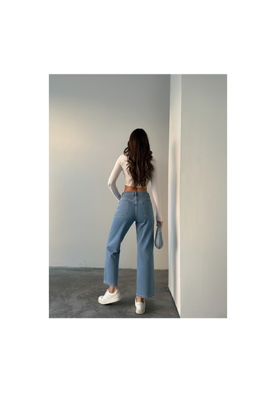 Blue Marlın Mavi Yüksek Bel Bilek Boy Kot Bol Paça Jeans Mavi