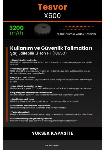 Tesvor X500 3200mAh Robot Süpürge  Bataryası