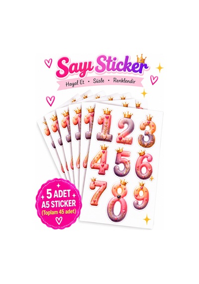 Sayı Sticker Seti 5 Adet A5 Sticker Sayfası 45 Adet Etiket Çok Renkli