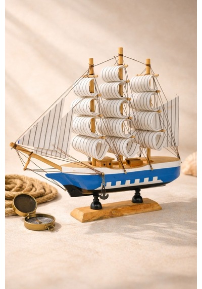 Dekoratif Premium Ahşap El Yapımı Yelkenli Gemi Maketi Ev Ofis Masa Üstü Biblo 24 X 24 Cm Mavi 529-c 24 Cm