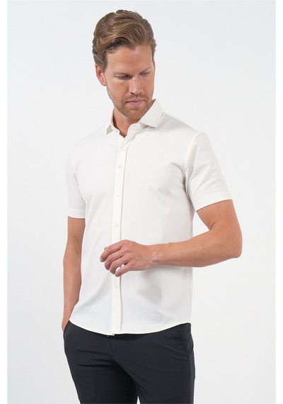 İmza Beyaz İtalyan Yaka Kısa Kol Cepsiz Slim Fit Esnek Gömlek 1004260159