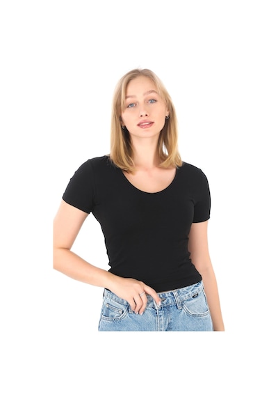 V Yaka Slim Fit Crop Tişört-siyah Siyah