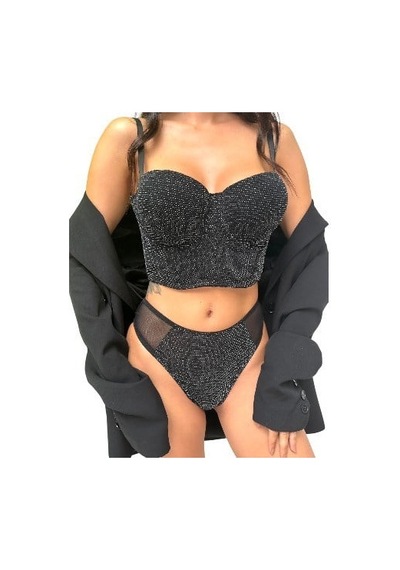Onsekiz18shop Destekli Pırıltılı Taşlı Siyah Büstiyer Takım
