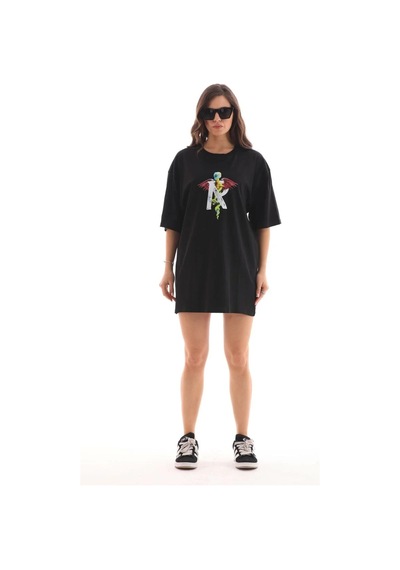 Kadın Baskılı T-shirt Kısa Kol Bisiklet Yaka Regular Fit Rahat Kalıp Günlük Tişört -siyah Siyah