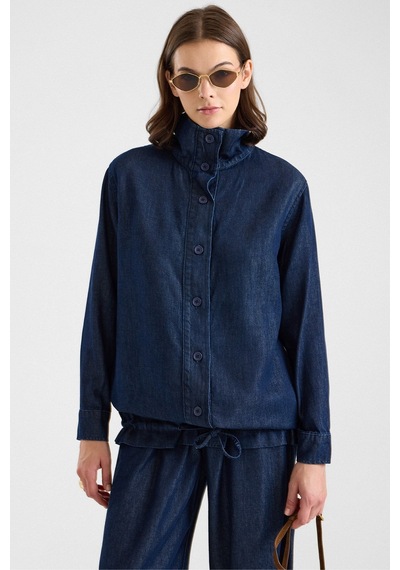 Olcay Büzgü Detaylı Soft Denim Ceket Pantolon İkili Takım Lacivert 9472-tk