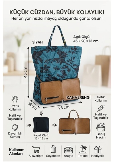 Cüzdanlı Katlanabilir Alışveriş Çantası 45x28x13 Cm Pratik Taşınabilir Pazar Market Çantası Kahverengi