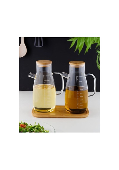 Bambu Standlı 2 Li 1000ml Borosilikat Cam Bambu Kapaklı Yağdanlık Set Ayçiçek Zeytinyağı Yağlık Şeffaf Şeffaf