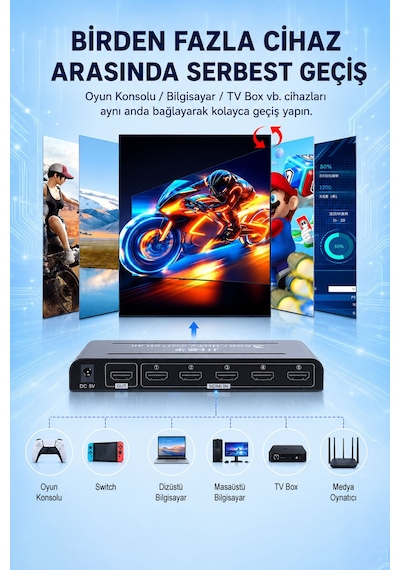 5 Port Hdmı Switch 4k Ultra Hd, 5 Giriş 1 Çıkış Hdmı Anahtarlayıcı, Uzaktan Kumandalı Çoklayıcı, Ps5 Switch Tv Box Pc Monitör Projektör Uyumlu, Metal Kasa Q509