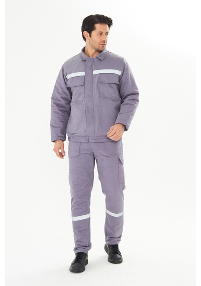Orange Safety İş Takımı Mont+pantolon 7/7 Gabardin %100 Pamuk Kapitoneli Reflektörlü Gri