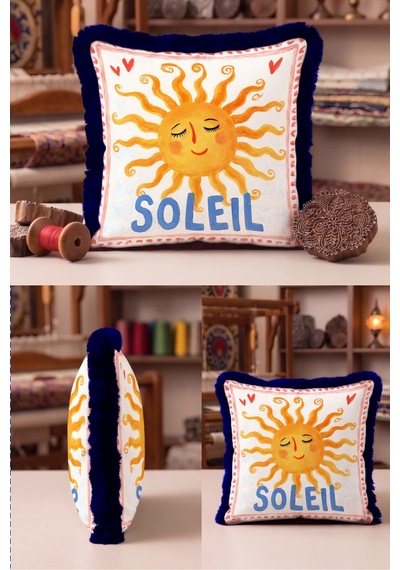 Bohem İtalyan Soleil Güneş Saçaklı Yastık Kılıfı - Retro Sarı Mavi Lacivert Püsküllü Kırlent Kılıfı Sessiz Atlas Serenat