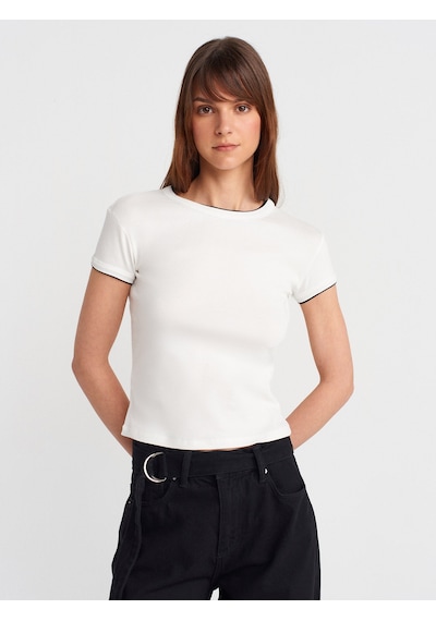 Dilvin 31750 Kontrast Kısa Kollu Tshirt-ekru Ekru
