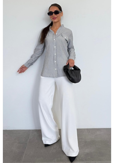Madmext Siyah Çizgili Gofre Kumaş Kadın Oversize Gömlek Mg1666 Siyah