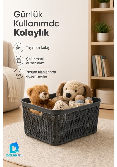 Jute Çok Amaçlı Kutu 5 L Plastik Mutfak Banyo Dolap İçi Düzenleyici Siyah