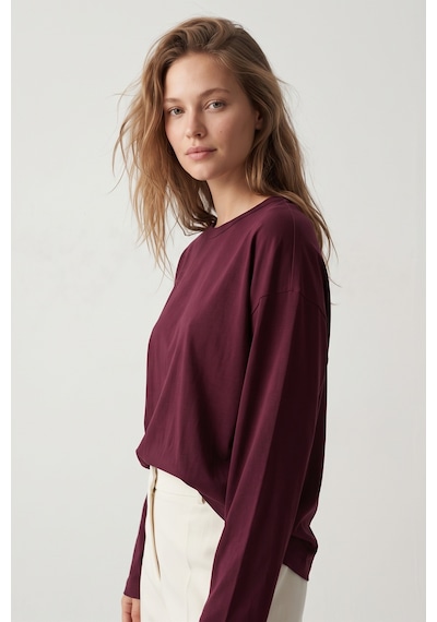 Elemge %100 Pamuk Süprem Oversize Kadın Uzun Kollu T-shirt Compact Penye Tok Yumuşak Kumaş Bol Kesim Nefes Alan Terletmez Yapı Basic Bordo Tişört