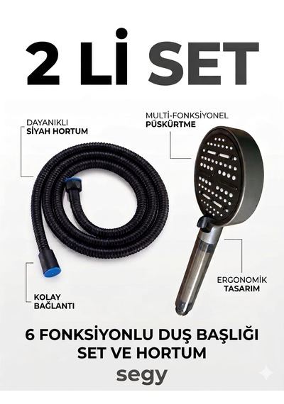 2'li Set 6 Fonksiyonlu Lüks Masajlı Filtreli Duş Başlığı +paslanmaz Sprial Hortumlu Duş Set Antrasit - Krom
