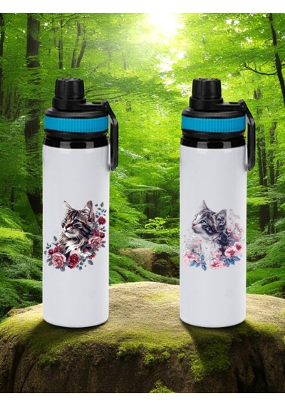 Çiçekli Kedi Baskılı 2'li Mavi Kapaklı Matara 850 Ml Beyaz