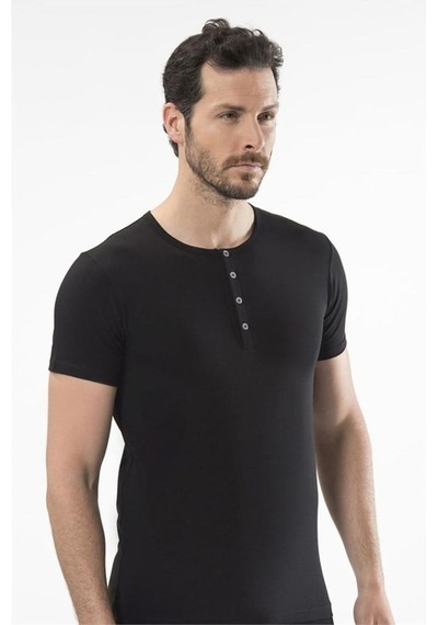 Cacharel 1308 Düğmeli Kısa Kollu Erkek T-shirt - Siyah Siyah