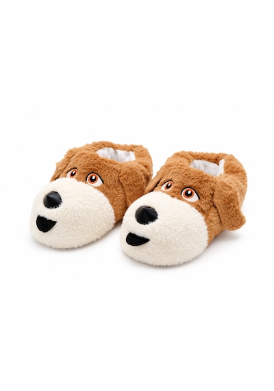 Modafocus Sevimli Köpek Figürlü Sessiz Kaydırmaz Taban Peluş Unisex Ev Pandufu Sevgili Kombin Terliği Kahverengi