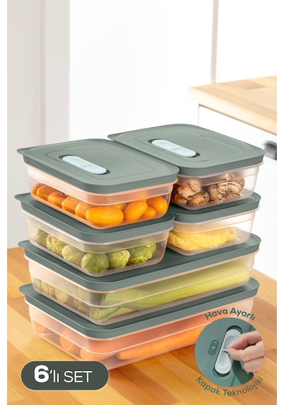 Vienev 6'lı Hava Kanallı Ayarlanabilir Sebze Ve Meyve Saklama Kabı 4x 1,15 Lt 2x 2,5 Lt Yeşil Yeşil
