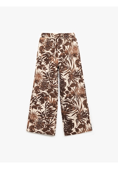 Koton Viskon Ve Keten Karışımlı Yaprak Desenli Geniş Paça Pantolon Kahverengi Desenli 5skg40009ew Kahverengi Desenli Kahverengi