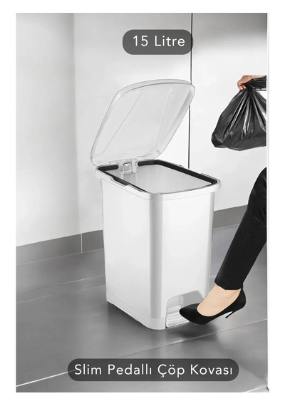Slim Pedallı Banyo Mutfak Çöp Kovası - 15 Litre Beyaz