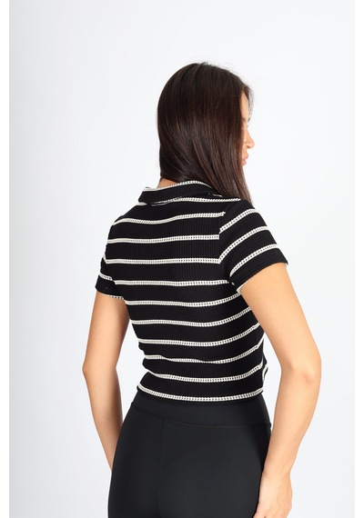Soft&Basic Polo Yaka Raporlu Jakar Crop Fit T-shirt Siyah