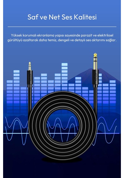 3.5mm - 6.35mm Stereo Ses Kablosu 5 Metre, Amfi Mixer Hoparlör Gitar Profesyonel Ses Sistemi Uyumlu, Altın Kaplama Jak, Bakır İletken, Esnek Pvc, Tak Çalıştır Audio Kablo A150ı