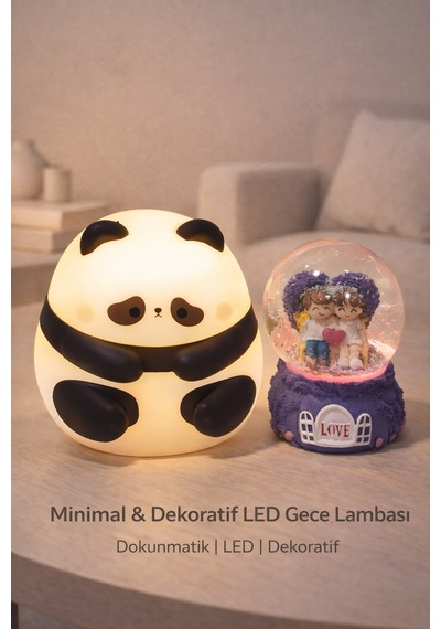 2 Li Sevgiliye Romantik Hediye Seti Slikon Panda Renkli Led Gece Lambası Ve 9 Cm Mor Kar Küresi Set Set