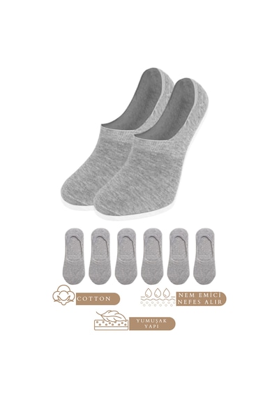 Kral Socks Unisex Düz Desenli 6 Çift Pamuklu Terletmez Babet Çorap Gri