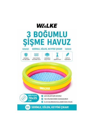 Walke 70 X 25 Cm 3 Boğumlu Şişme Çocuk Havuzu Dayanıklı Mini Oyun Havuzu 14104 Çok Renkli